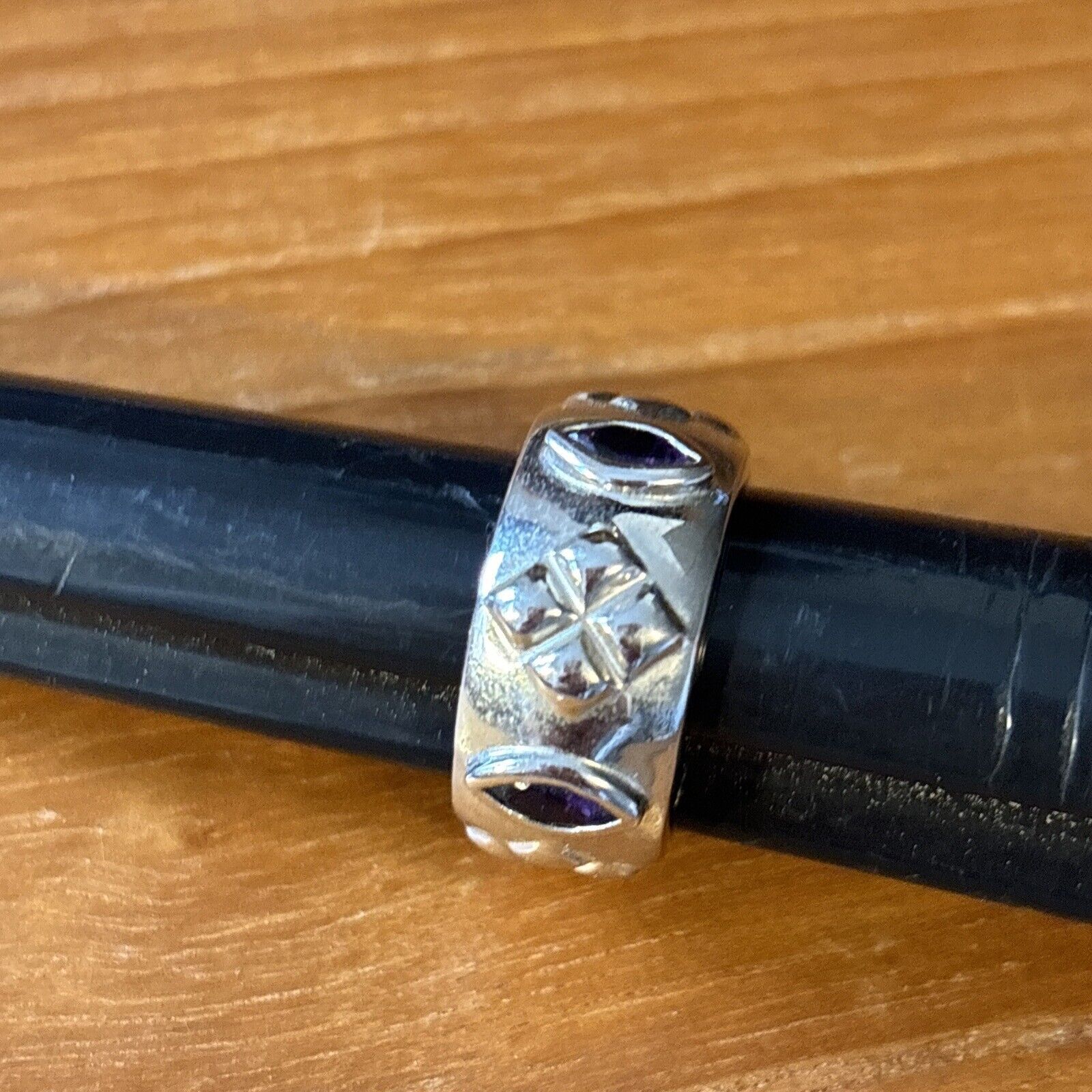 925 Sterling Silver Marquise Amethyst Stones Wide Band Ring Sz6 Thailand 81$